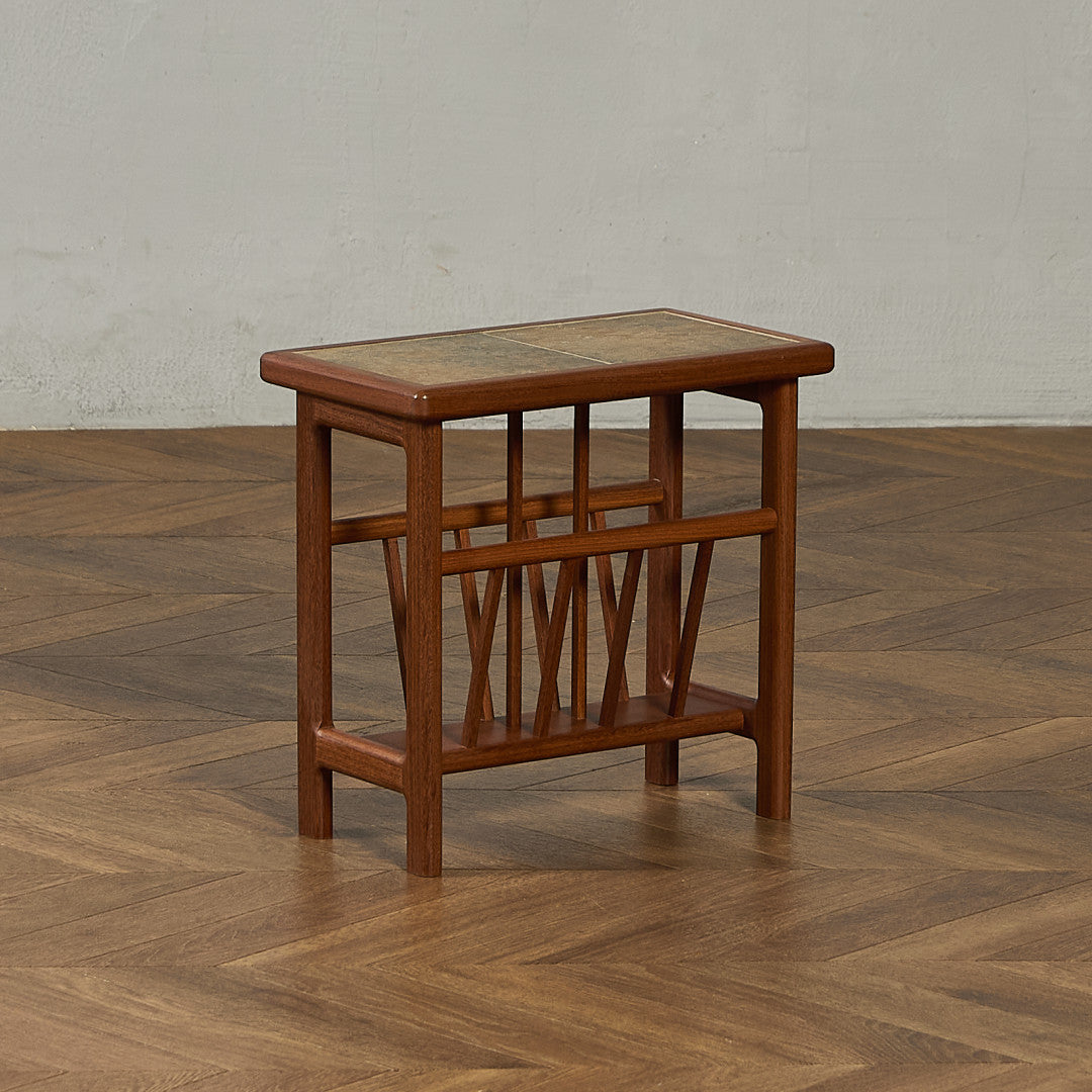 AnberCraft チーク材 タイルトップサイドテーブル マガジンラック付