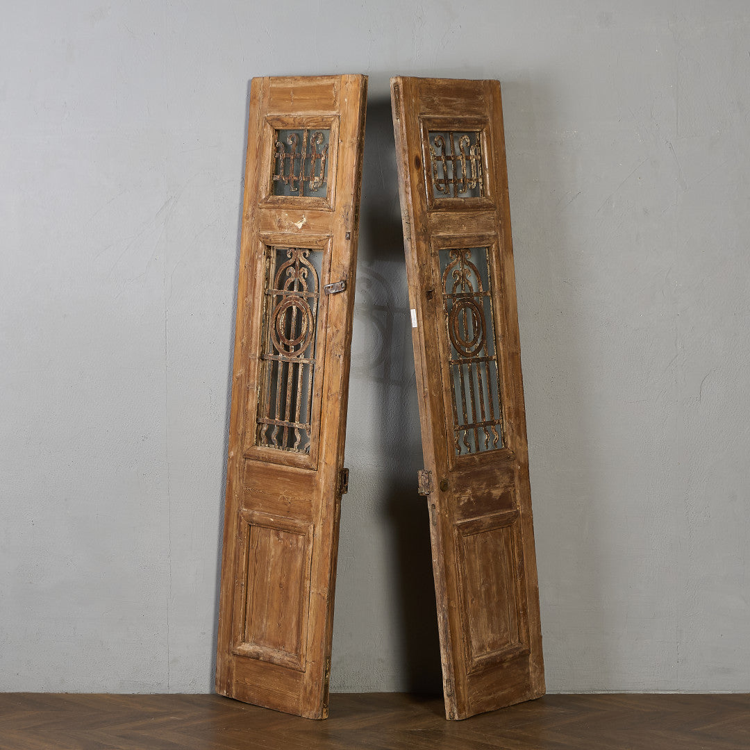 英国 アンティーク 両開き 鉄格子 ウッド ドア 2点セット