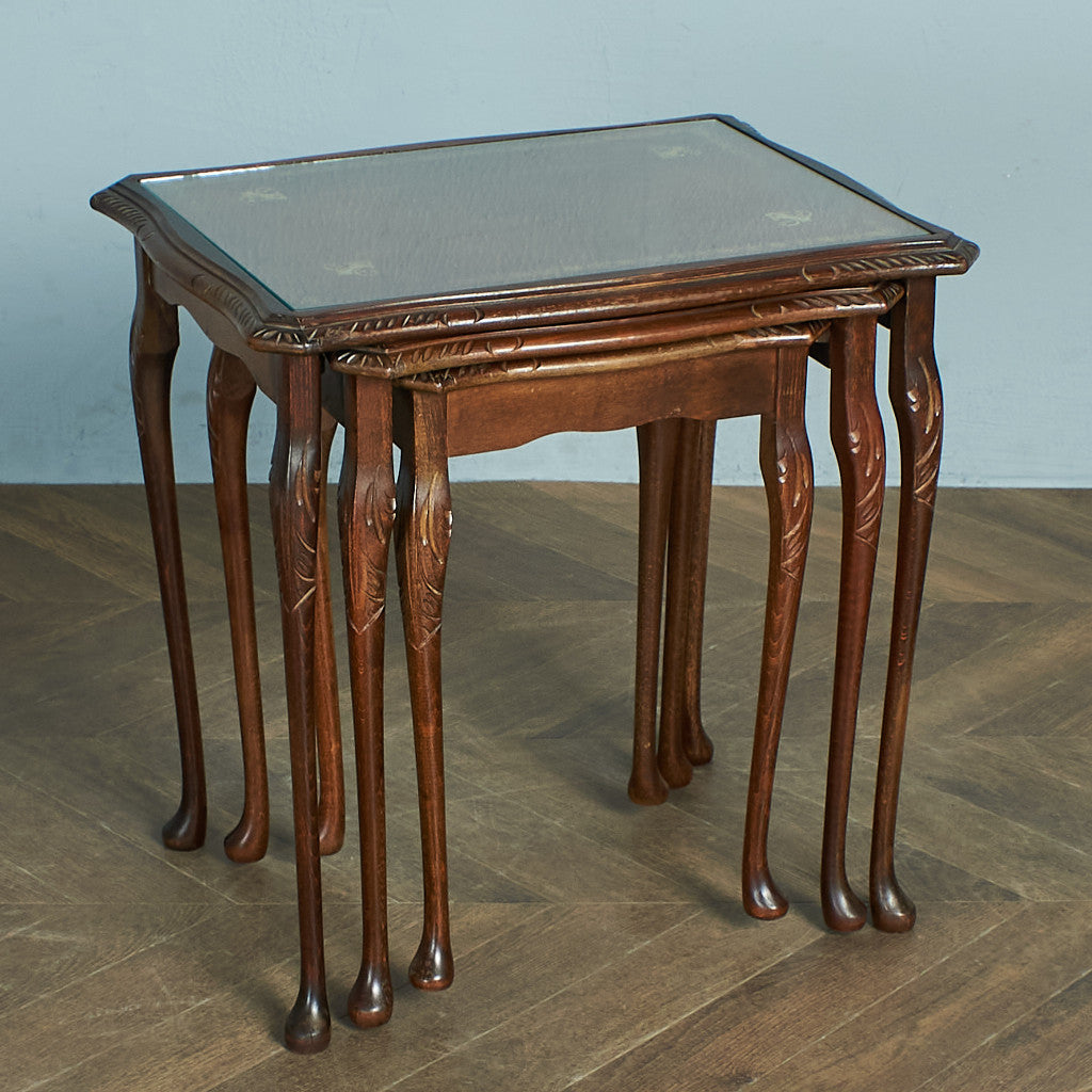 豊富な品IZ55158C★英国 クラシック ガラストップ ネストテーブル コーヒーテーブル ブナ ビーチ 猫脚 カブリオールレッグ サイドテーブル 西洋 サイドテーブル