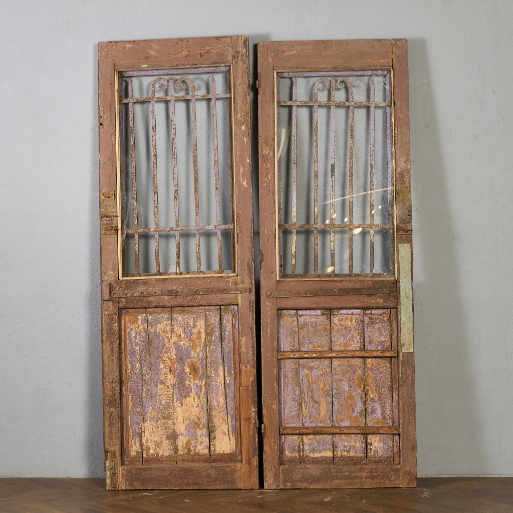 英国 アンティーク 両開き 鉄格子 ウッド ドア 2点セット