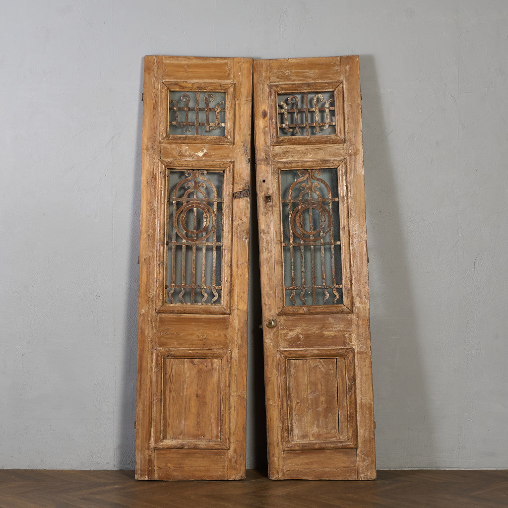 英国 アンティーク 両開き 鉄格子 ウッド ドア 2点セット