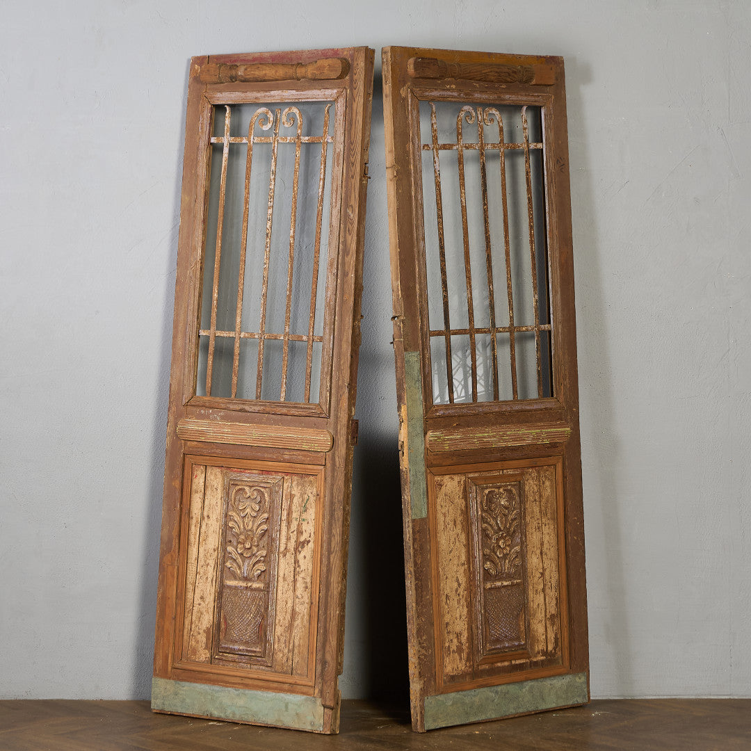 英国 アンティーク 両開き 鉄格子 ウッド ドア 2点セット