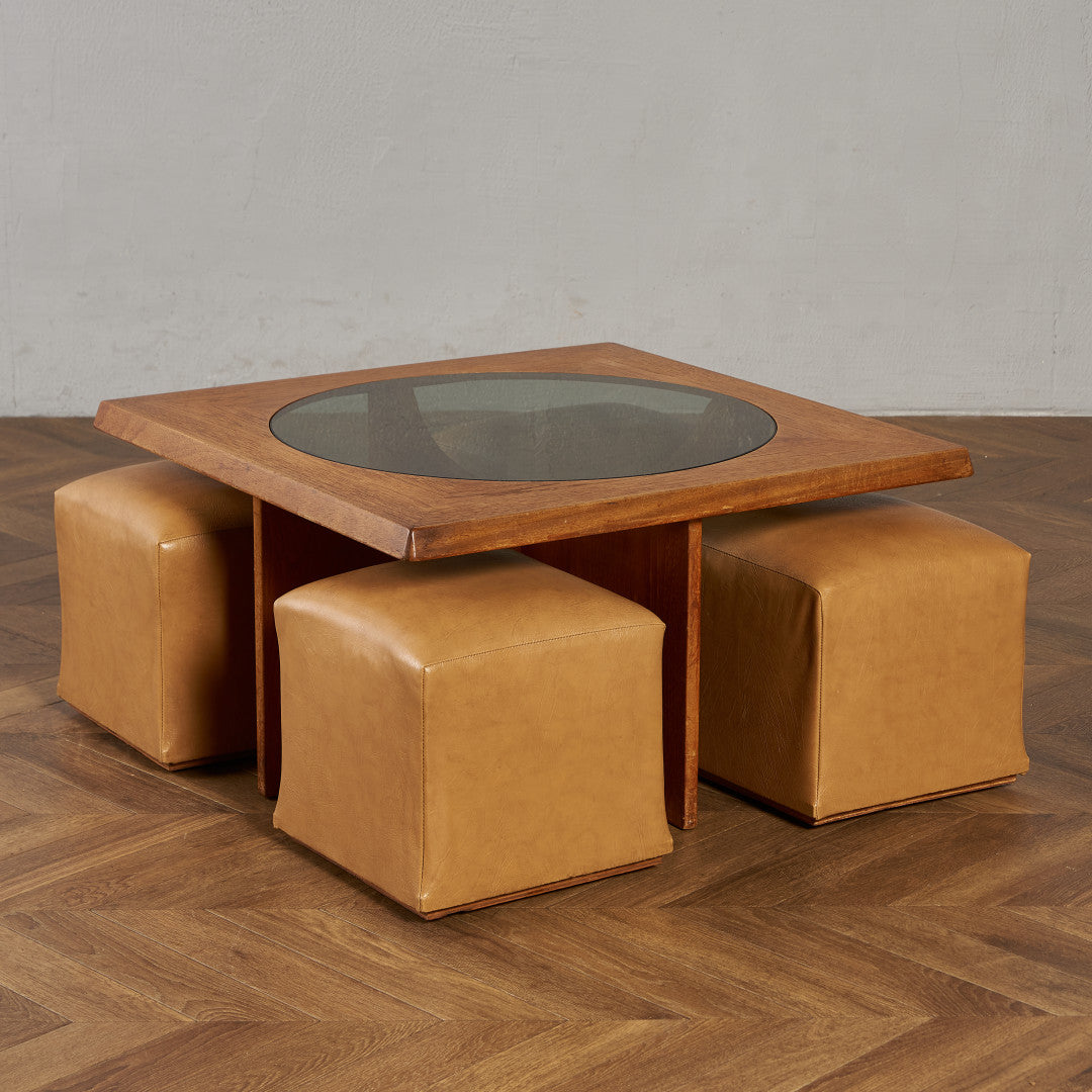 ヴィンテージ スツール付き ガラストップ センターテーブル