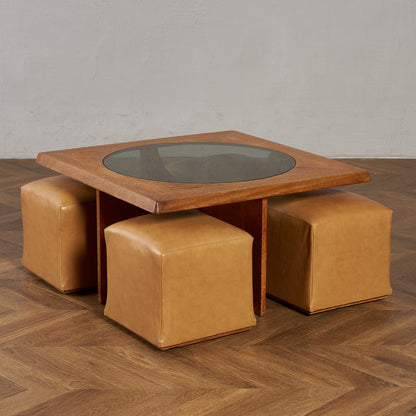 ヴィンテージ スツール付き ガラストップ センターテーブル