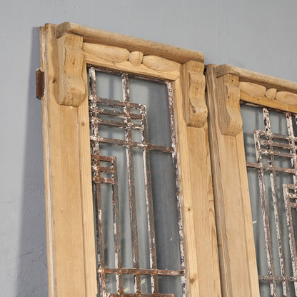 英国 アンティーク 両開き 鉄格子 ウッド ドア 2点セット