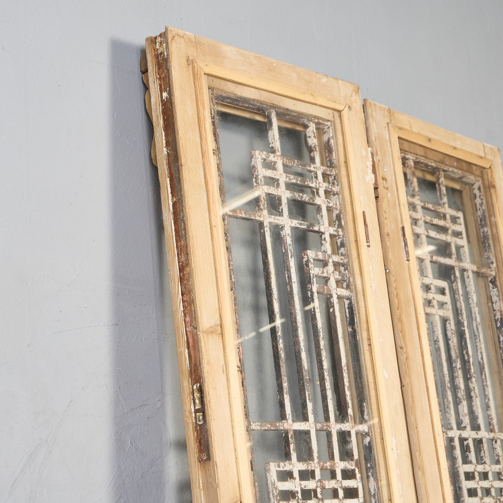 英国 アンティーク 両開き 鉄格子 ウッド ドア 2点セット