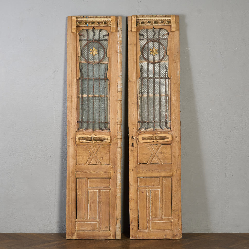 英国 アンティーク 両開き 鉄格子 ウッド ドア 2点セット