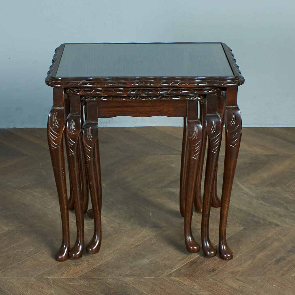 主な素材[78648]英国 クラシック ガラストップ ネストテーブル 猫脚 ビーチ ブナ