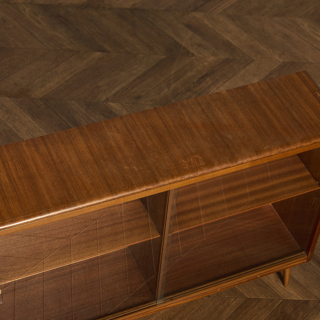 英国 ヴィンテージ ナロー ガラス ブックケース 食器棚