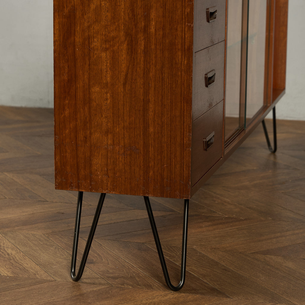 ヴィンテージ ガラスブックケース カスタム アイアン ヘアピンレッグ