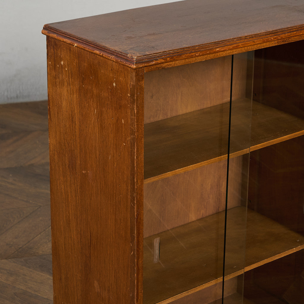 英国 ヴィンテージ ナロー ガラス ブックケース 食器棚