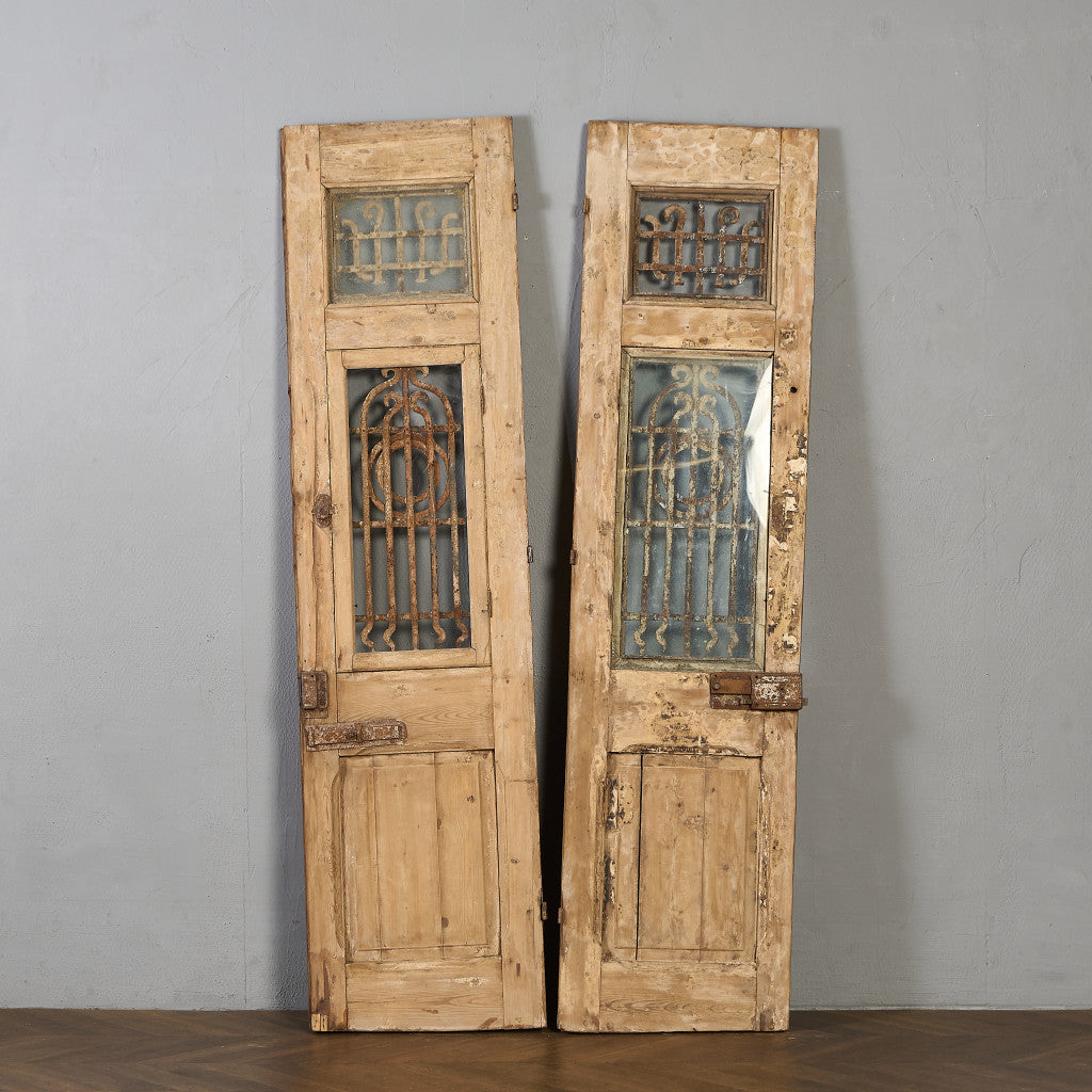 英国 アンティーク 両開き 鉄格子 ウッド ドア 2点セット