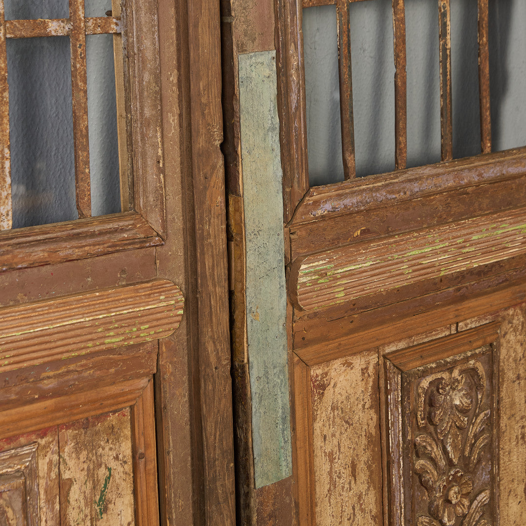 英国 アンティーク 両開き 鉄格子 ウッド ドア 2点セット