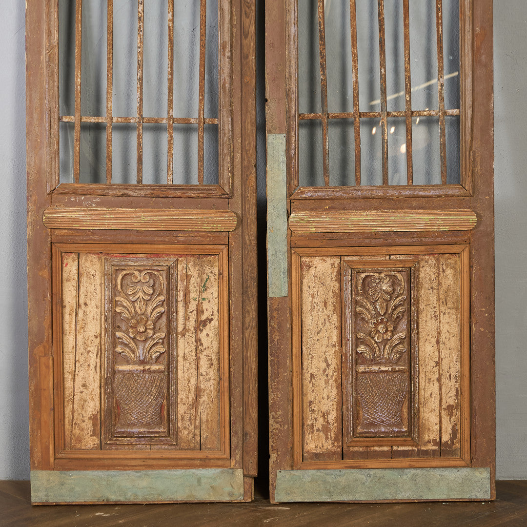 英国 アンティーク 両開き 鉄格子 ウッド ドア 2点セット