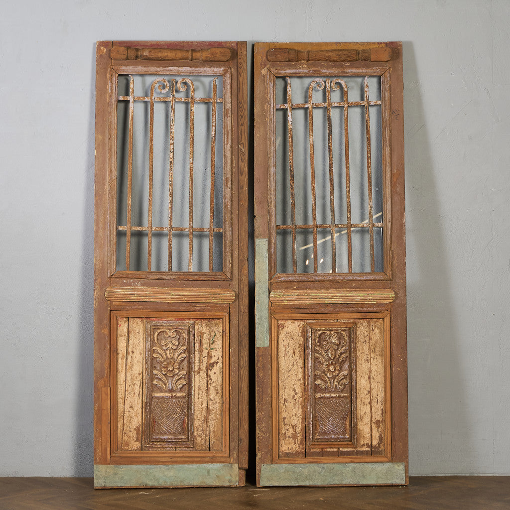 英国 アンティーク 両開き 鉄格子 ウッド ドア 2点セット