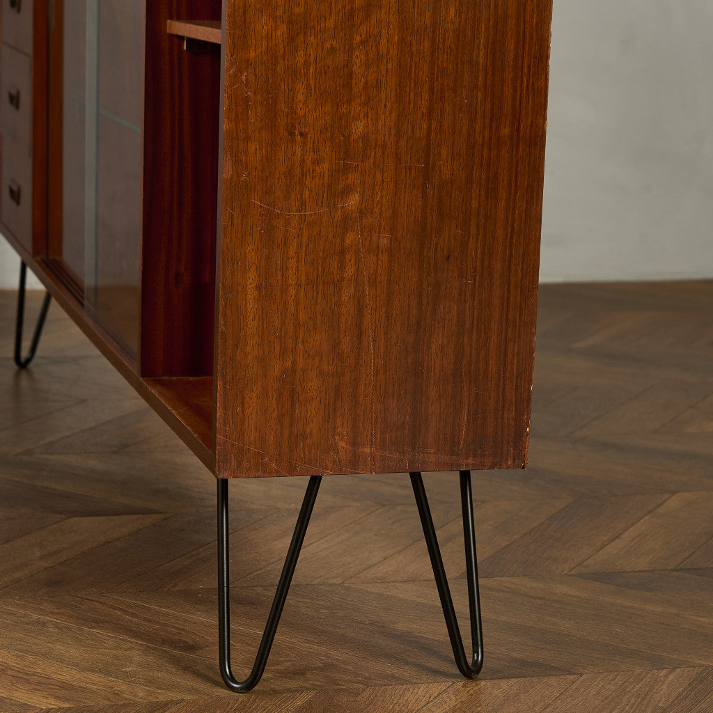 ヴィンテージ ガラスブックケース カスタム アイアン ヘアピンレッグ