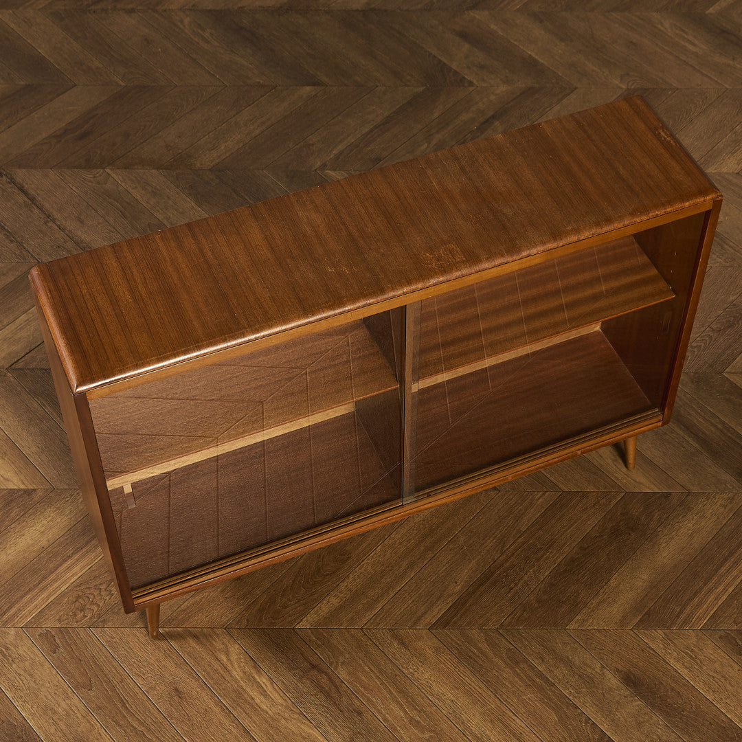 英国 ヴィンテージ ナロー ガラス ブックケース 食器棚