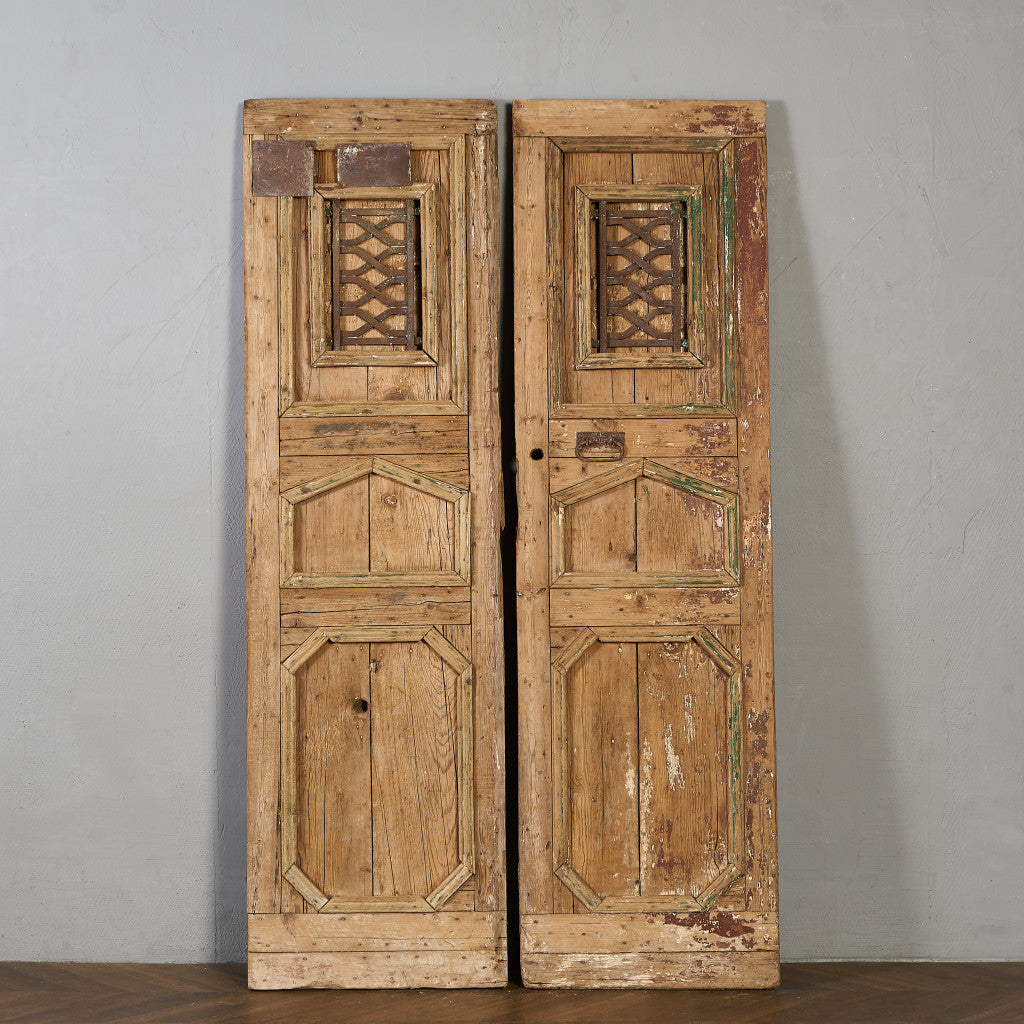 英国 アンティーク 両開き 鉄格子 ウッド ドア 2点セット