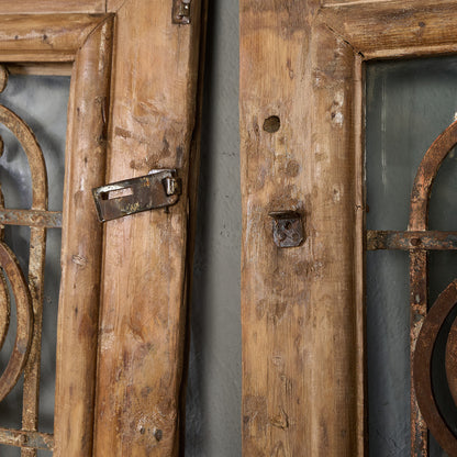 英国 アンティーク 両開き 鉄格子 ウッド ドア 2点セット