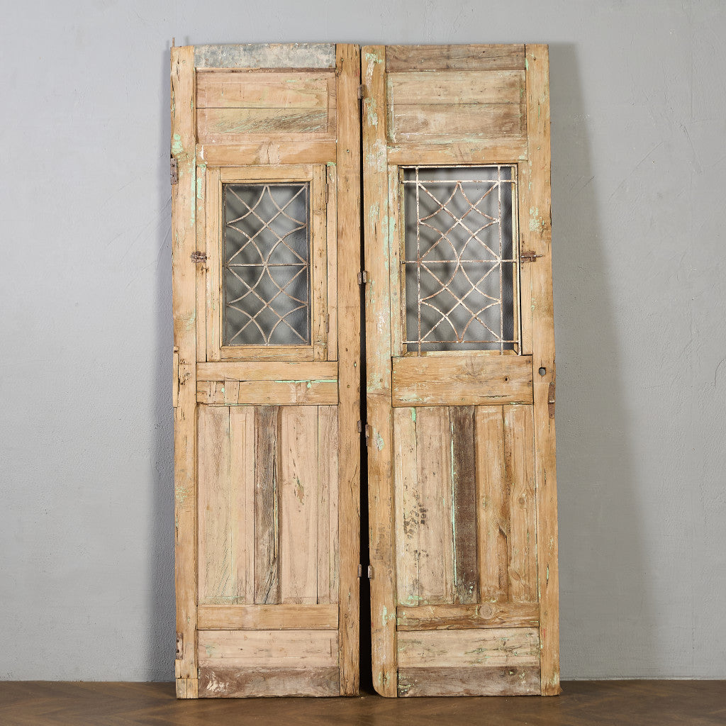 英国 アンティーク 両開き 鉄格子 ウッド ドア 2点セット