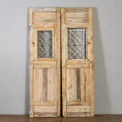 英国 アンティーク 両開き 鉄格子 ウッド ドア 2点セット