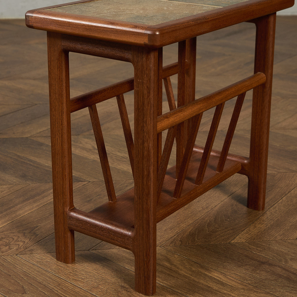 AnberCraft チーク材 タイルトップサイドテーブル マガジンラック付