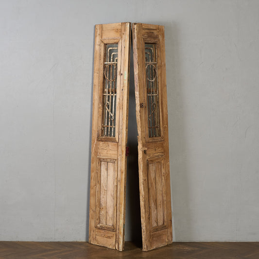 英国 アンティーク 両開き 鉄格子 ウッド ドア 2点セット